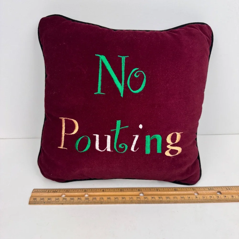 Red velvet small square Christmas holiday throw pillow no pouting embroidered